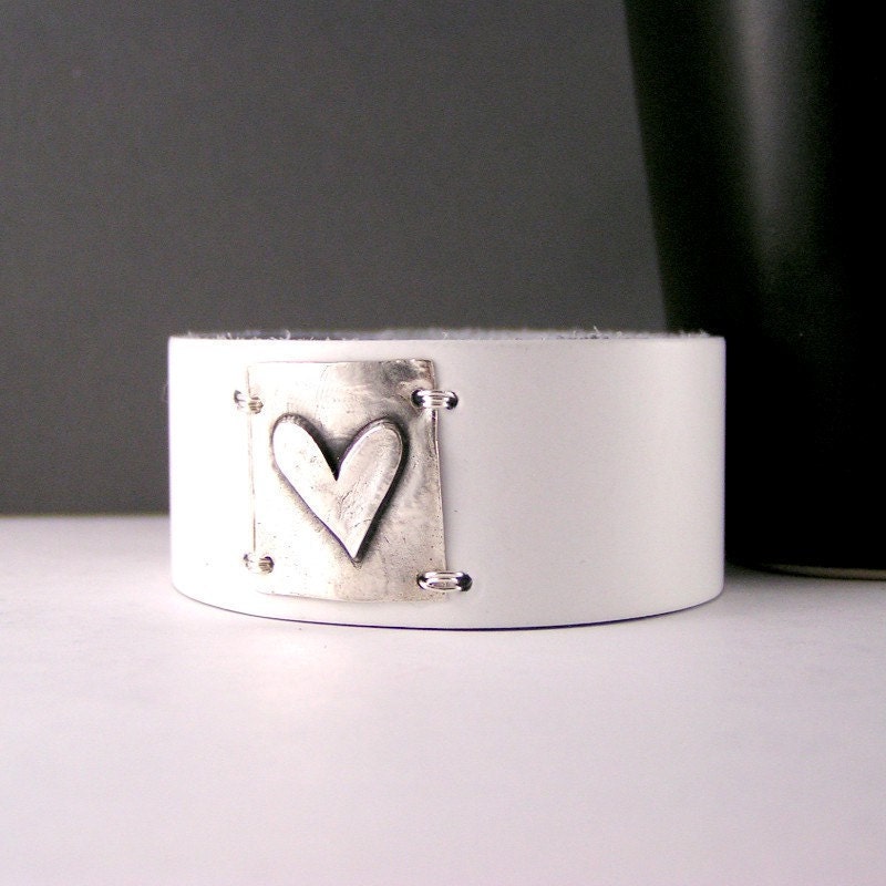 White Leather Sterling Silver Heart Cuff, This listing is for the white cuff only