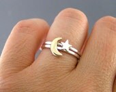 Moon And Star Rings, Custom Sterling Silver And Brass Rings, Set Of 2 rings