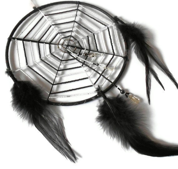 Spiderweb dreamcatcher black and white beaded with black wrapped feathers