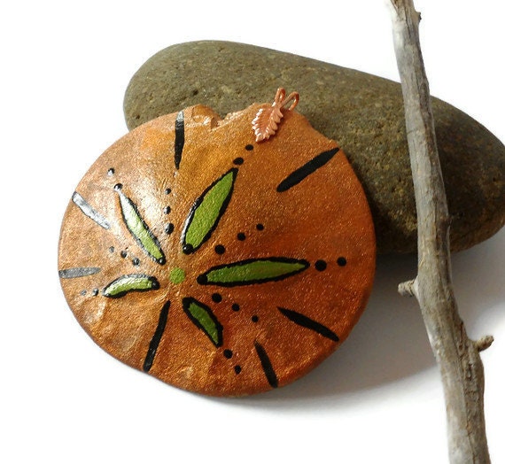Painted sand dollar pendant copper green black