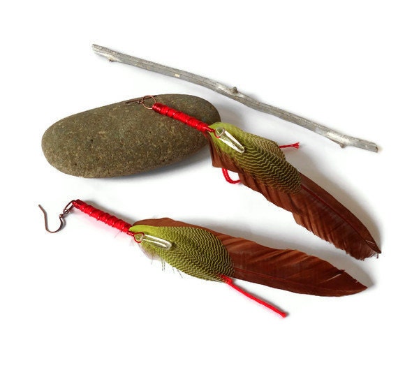 Feather earrings brown, red, and yellow quartz crystal