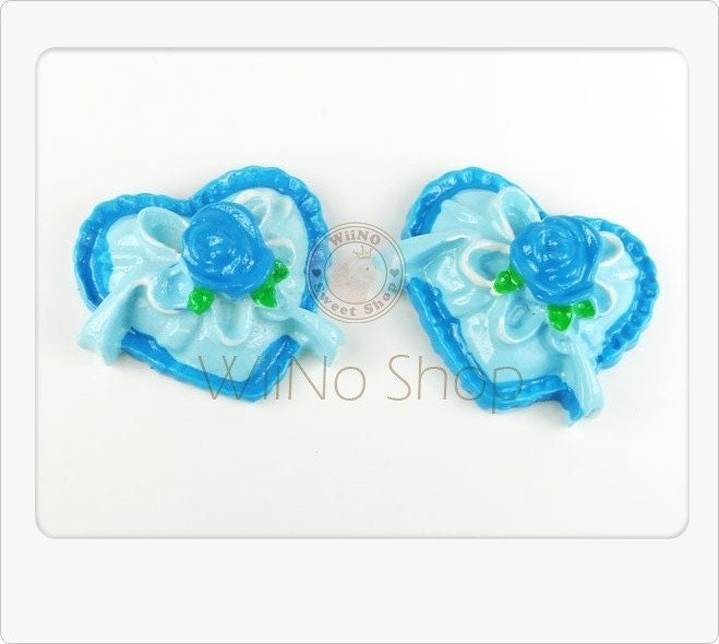 Blue Rose Ribbon Heart Cabochons Deco - 6 pcs