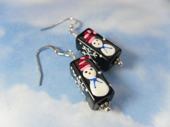 Earrings - snowmen and snowflakes on black glass beads with silver accents - lovely for the holidays and christmas