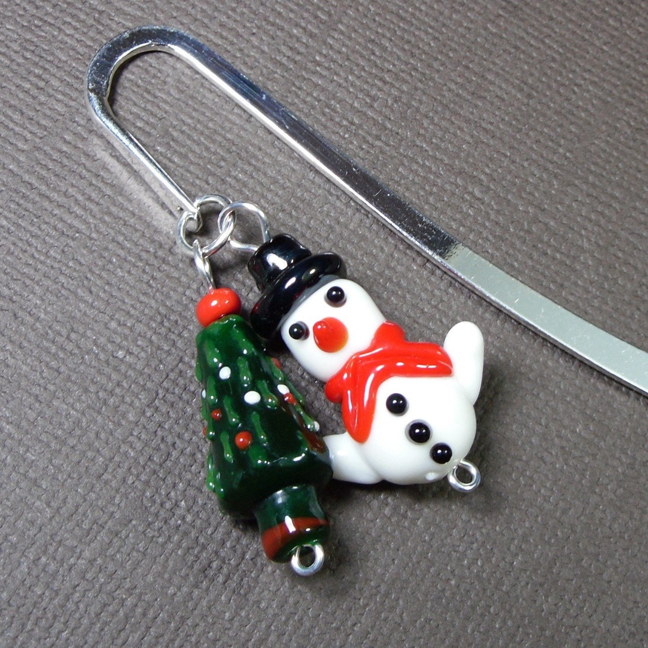 Bookmark - snowman and Christmas tree on silver bookmark - keep the holiday spirit year round - great stocking stuffer