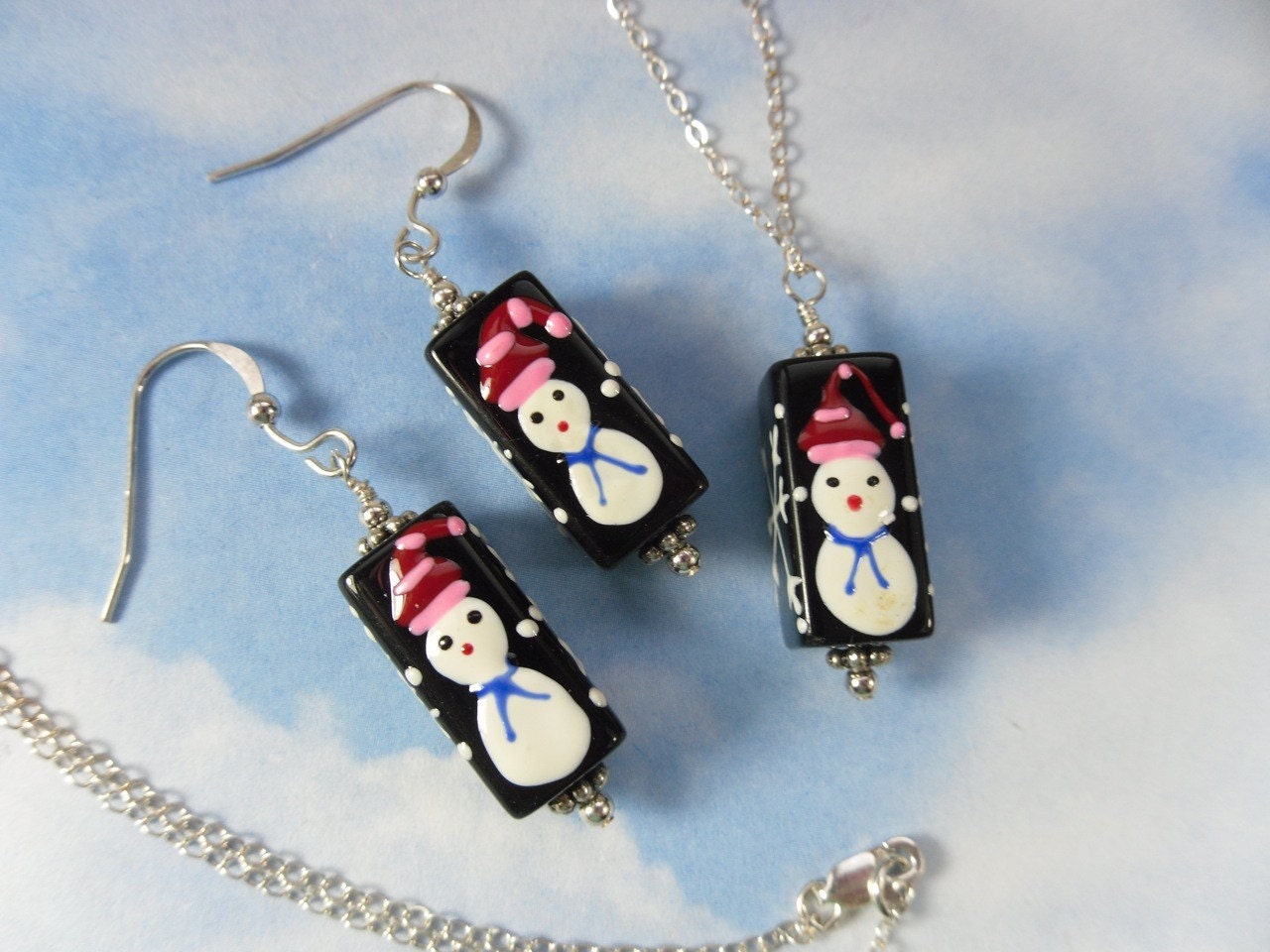 Earrings - snowmen and snowflakes on black glass beads with silver accents - lovely for the holidays and christmas