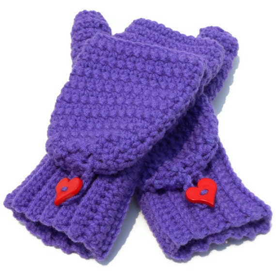 Convertible Crocheted Mittens Purple Wool