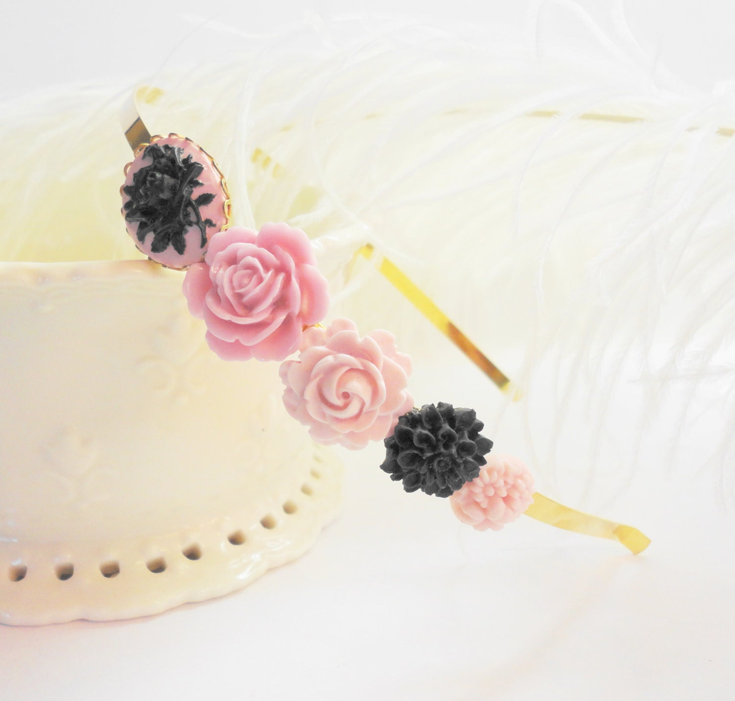 Hairband French Blossom Cameo Headband flower pink Black feminie retro romantic shabby chic bridal bride wedding girlry girl old hollywood