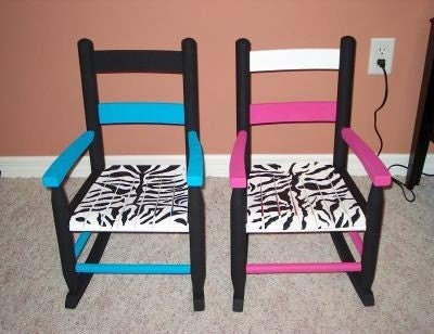 Rocking Chair and Step Stool SET Animal Print Child Furniture Africa Zebra Giraffe Leopard Hand-Painted Wood Hot Pink Blue