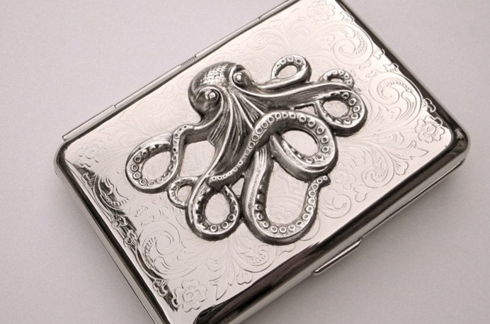 Cigarette Case Octopus Vintage Inspired Silver Plated Gothic Victorian Nautical Small Double Size Metal Wallet