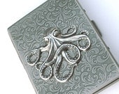 Silver Octopus Cigarette Case Slim Big Victorian Nautical Vintage Inspired Oversized Card Case Steampunk Accessories