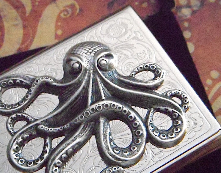 Octopus Business Card Case Silver Octopus Vintage Inspired Card Holder Gothic Victorian Steampunk Nautical Antique Style Design New
