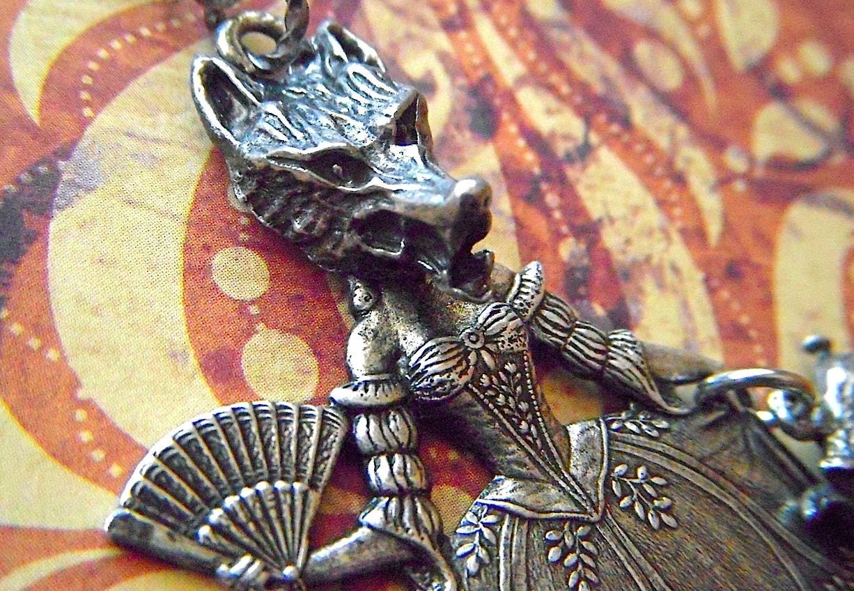 Gothic Victorian Necklace Wolf Girl With Pig Purse Sideshow Dark Circus Freaks Steampunk Art Jewelry By Cosmic Firefly