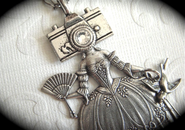 Camera Girl Necklace Gothic Victorian Sideshow Carnival Circus Freak Steampunk Necklace Vintage Style Jewelry Antiqued Silver Plated