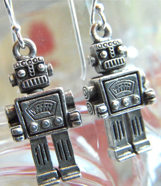 Robot Earrings Silver Plated Popular Jewelry Steampunk Vintage Style Featuring Sterling Silver Earwires Dangle Earrings