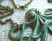 Big Octopus Necklace Rustic Painted Green Color Rustic Primitive Antiqued Brass Stamped Metal Long Rolo Chain