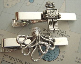 Men's Tie Clips Robot Tie Clip & Octopus Tie Clip Set of 2 Most Popular Steampunk Accessories Groomsman Gifts Cosmic Firefly Las Vegas