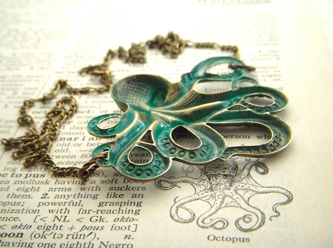 Green Octopus Necklace Jewelry Vintage Inspired Rustic Primitive Brass Nautical Victorian Steampunk Style Large Lightweight Gothic Victorian