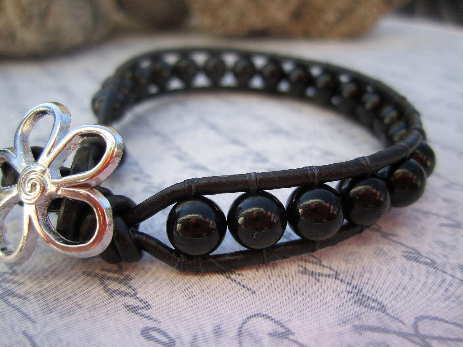Leather Wrap Bracelet Black Onyx on Black leather