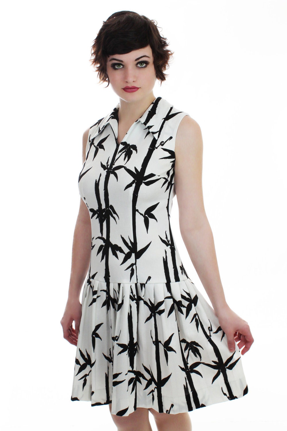 1960s Mod Dress 60s Abstract Trees Leaves 1970s 70s Mod Mini Scooter Drop Waist S M Small Medium