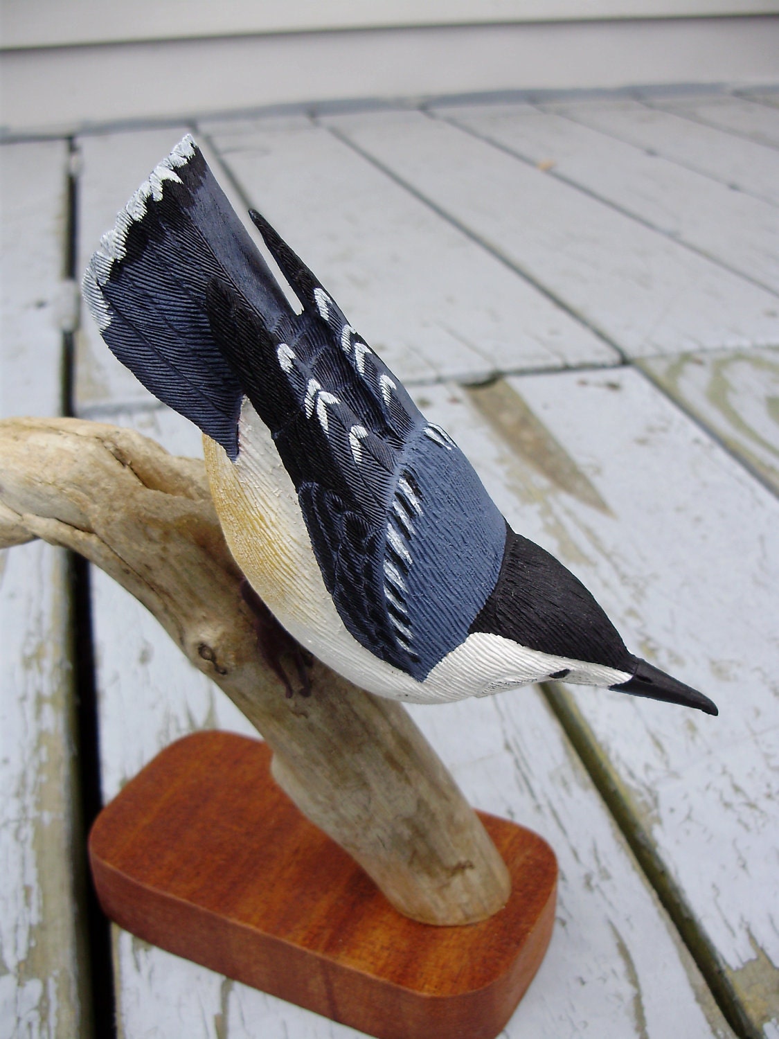White-breasted nuthatch wood handcarved bird art sculpture - ChristianeArtStudio