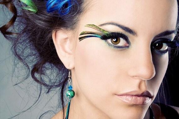 Handmade Feather Eyelashes - Punky Peacock