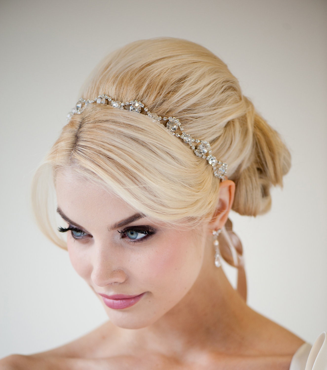 Wedding Headband, Bridal Rhinestone Headband, Ribbon Headband - MELINDA