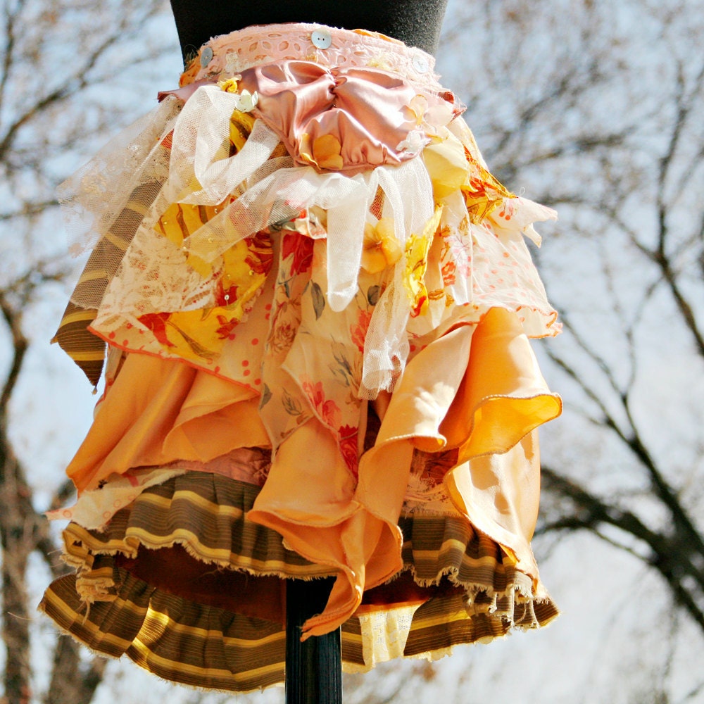 upcycled clothing . wearable art romantic tattered skirt . pandoras garden