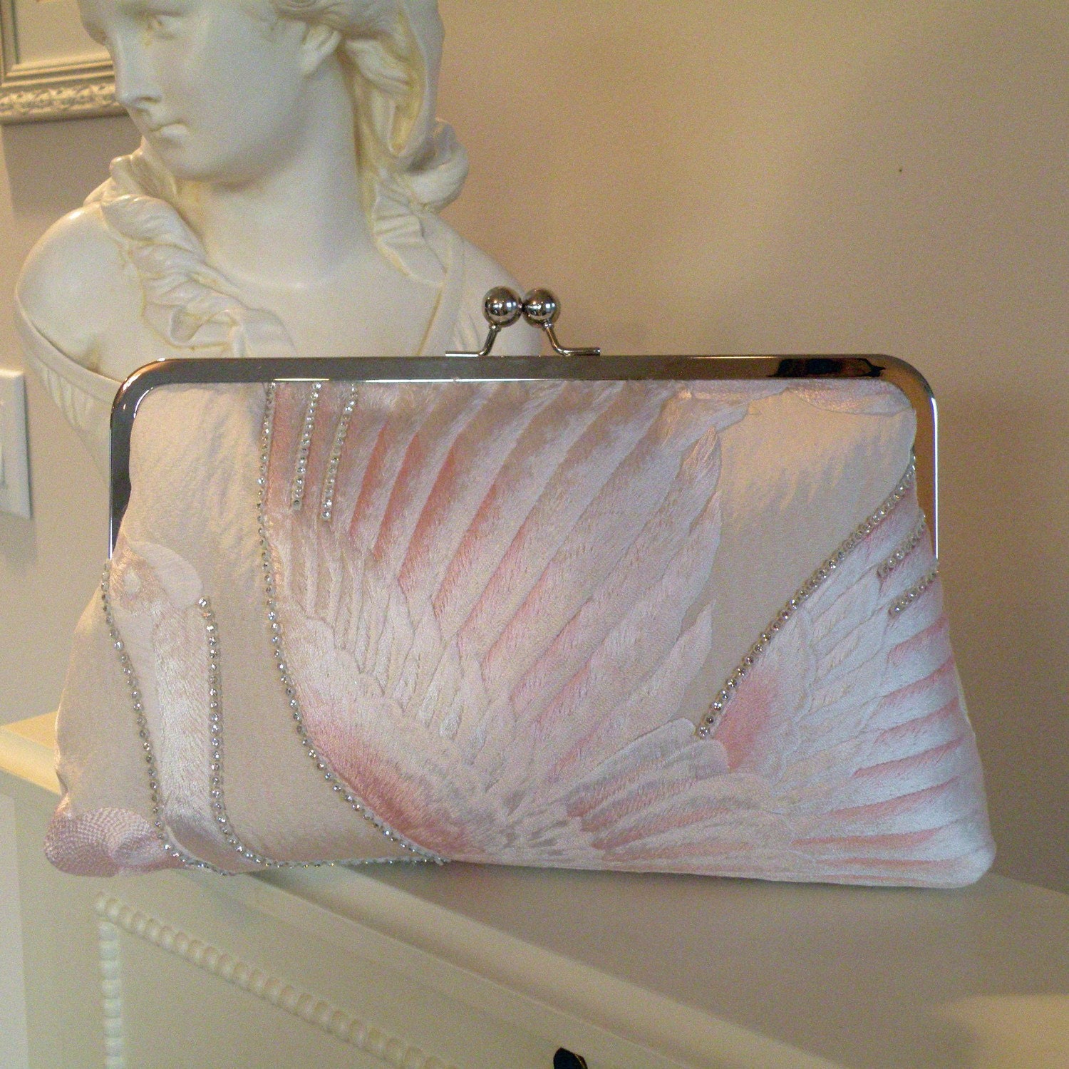 Japanese Clutch/Bag/Purse..Flying Crane..Chrysanthemum..Bridal/Wedding Gift..Large 10 inch Frame..Free Monogram