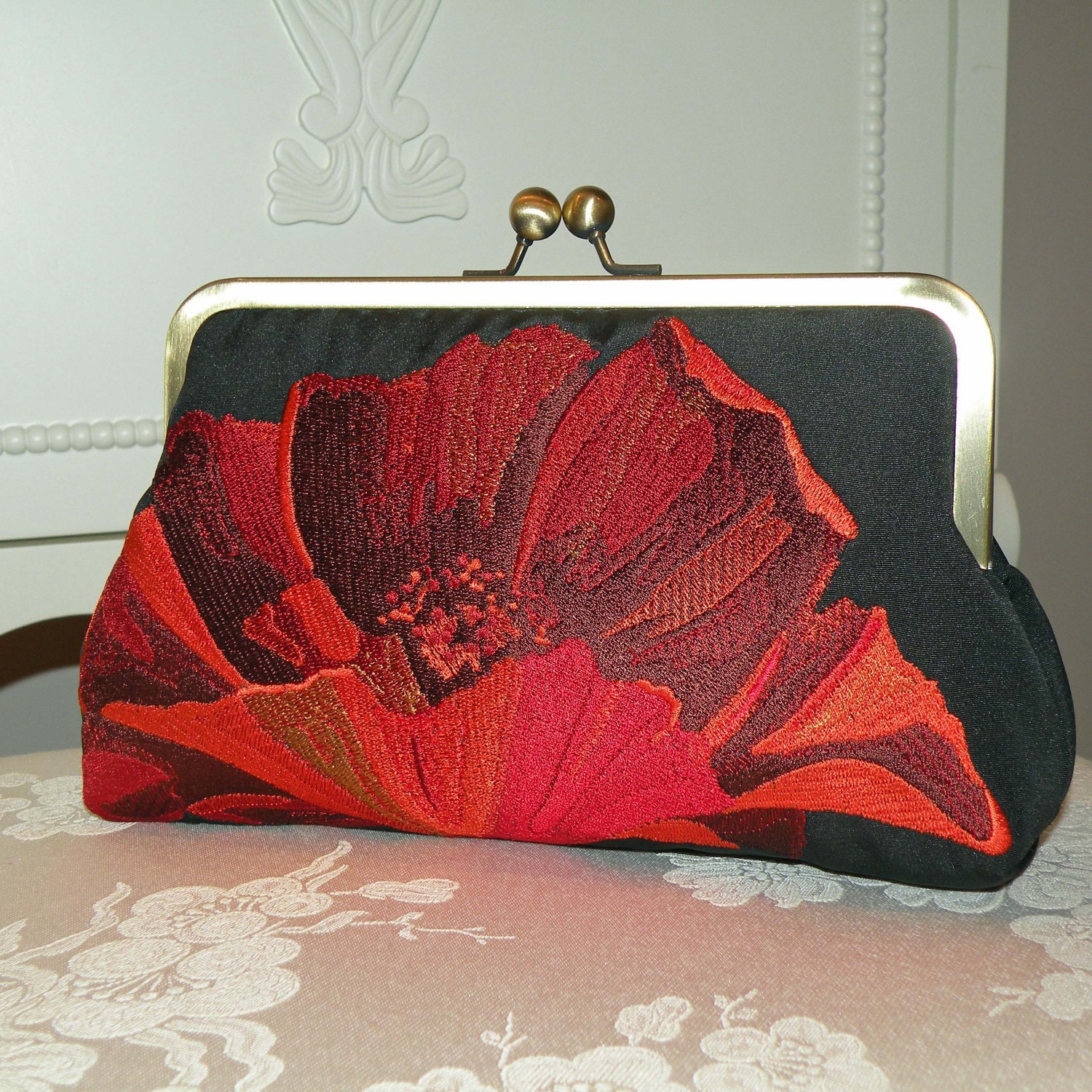 Fiery Oriental Poppy Clutch/Purse/Bag..Embroidered..Free Monogram..Red/Gold on Black Silk Kimono Fabric..Bridal/Wedding Gift/Garden Party