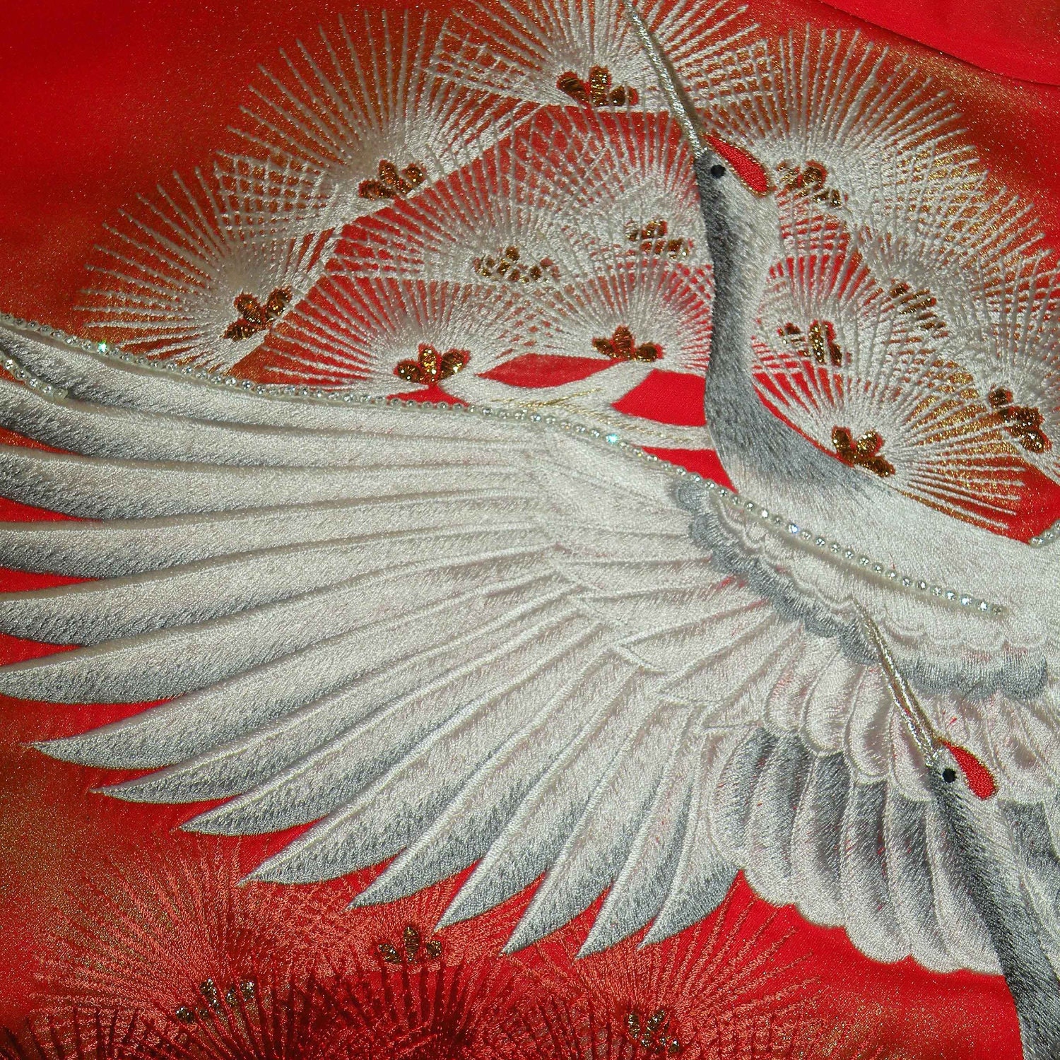 Silk Kimono Fabric Bag/Purse/Clutch..Embroidered Flying Crane and Florals..Rhinestones..Large Size 10inch frame..Wrap available