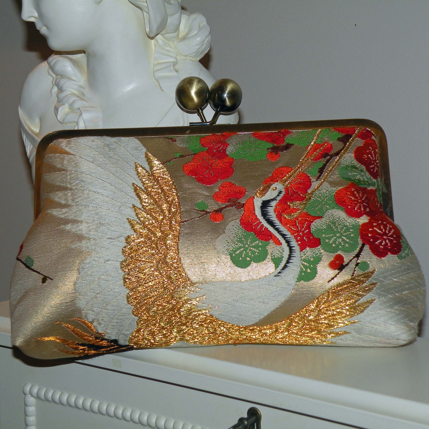 Silk Kimono Fabric Bag/Purse/Clutch..Embroidered Flying Crane..Cherry Blossom..Large 10in frame..Huge Ball Clasp
