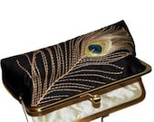 Peacock Feather Silk Bridal Clutch/Purse/Bag..Black/Gold..Bridesmaid/Wedding/Birthday Gift..Party..Free Monogram..Embroidery