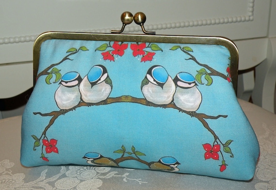 Chickadee and Cherry Blossoms Bird On A Branch Clutch/Purse..Silk Lined..Blue Skies..Free Monogram