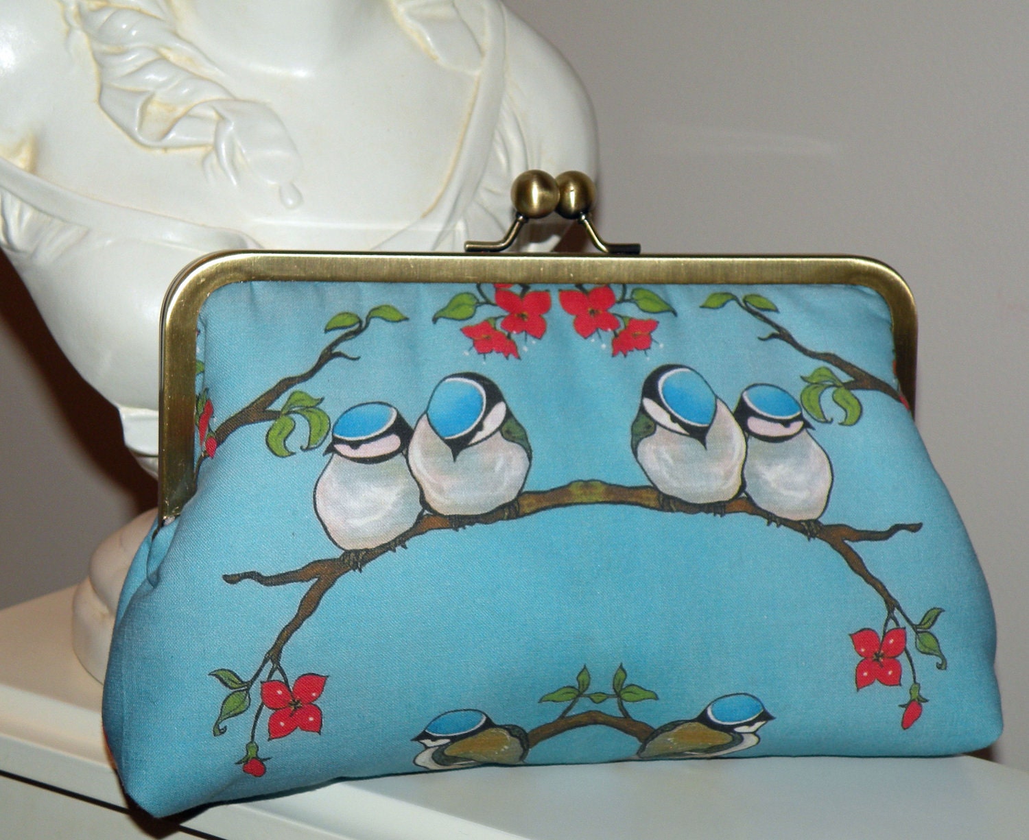 Chickadee and Cherry Blossoms Bird On A Branch Clutch/Purse..Silk Lined..Blue Skies..Free Monogram