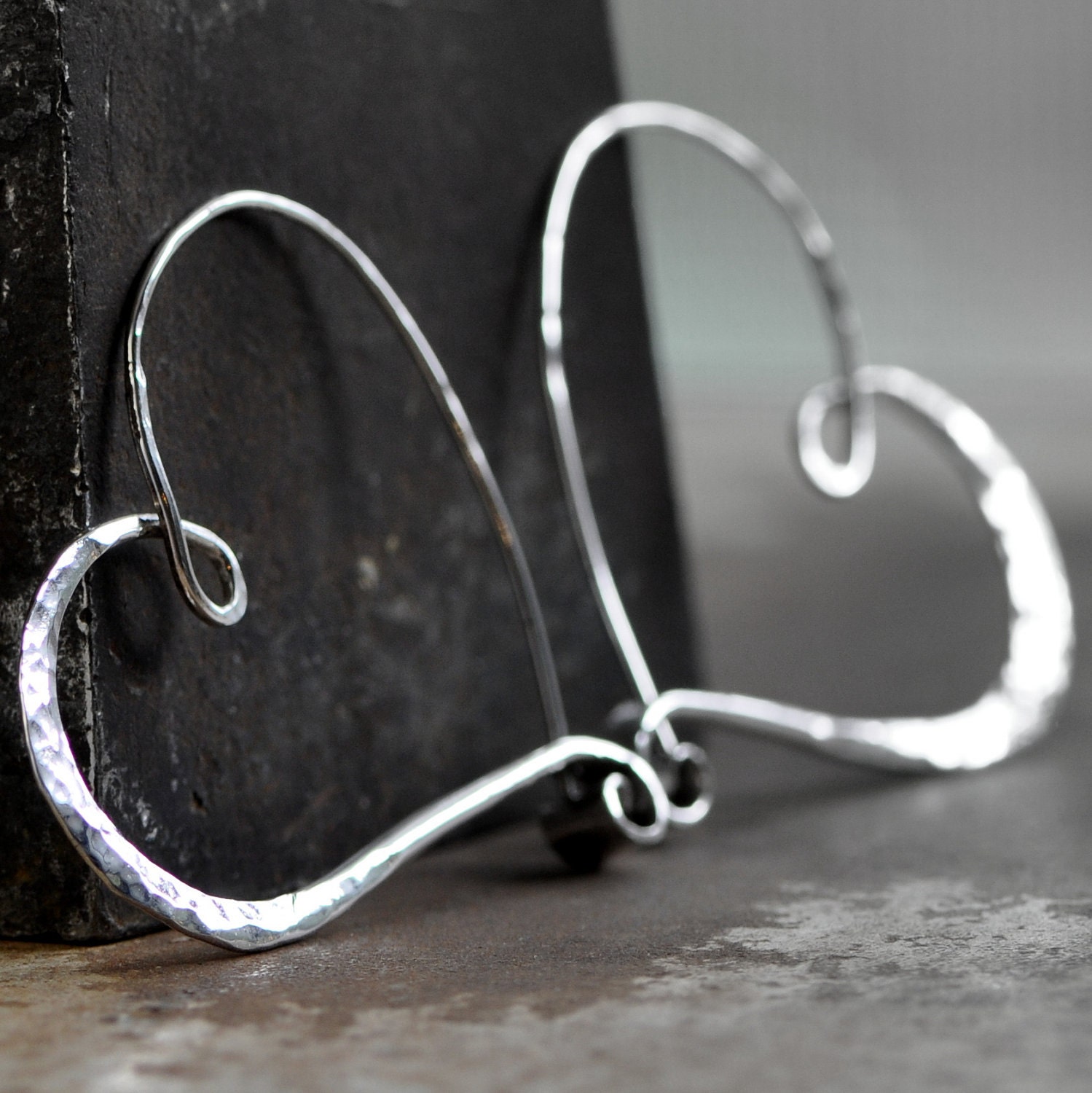 large silver heart hoop earrings   hammered sterling heart  endless style