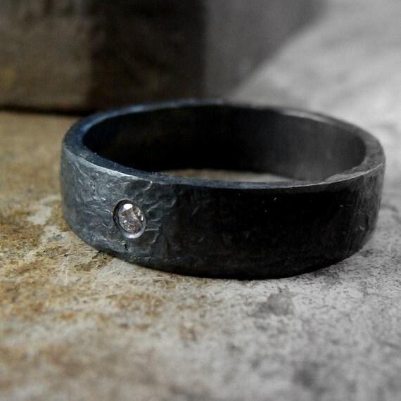 Darkened sterling silver men's ring band with flush set diamond, blackened sterling silver