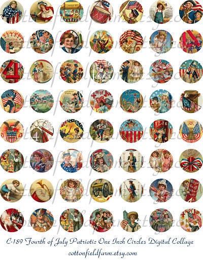 Fourth of July Patriotic One Inch Circles Digital Collage C-189 for Bottlecap Jewelry,  Cabachons, Rings