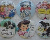 Mid-Century Retro Little Children, Babies, Animals Jesus Loves Me  Pinback Buttons 2.25 inch Set of 12 Plus FREE Digital Sheet