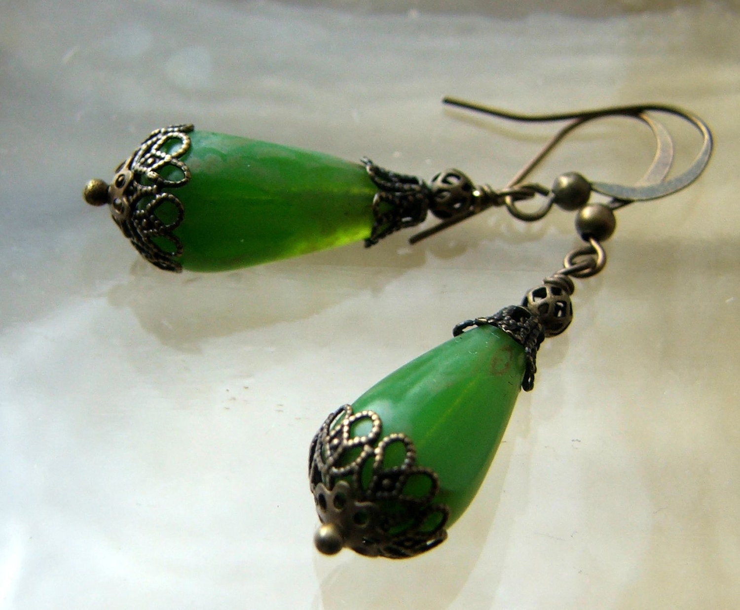 Vintage Inspired Dangle Earrings Luscious Green Teardrops Art Nouveau