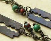 Dangle earrings, razor blade charms, glass beads