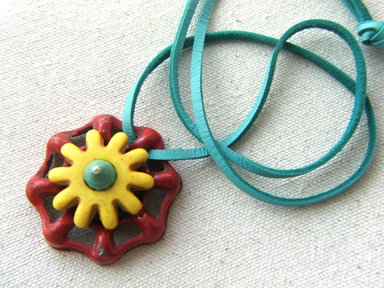Found Object Necklace, Repurposed Faucet Handle, Bright Colors