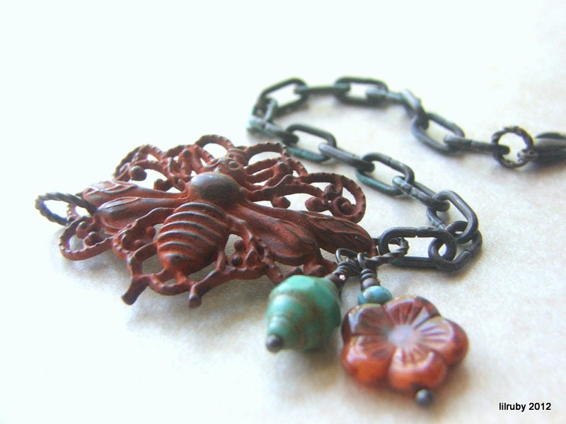 Rusty Orange Metal Bee Bracelet, Turquoise bead accent