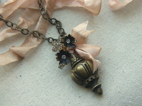 Found Object Jewelry, Antique Brass Drawer Pull, Repurposed Necklace, Mothers Day