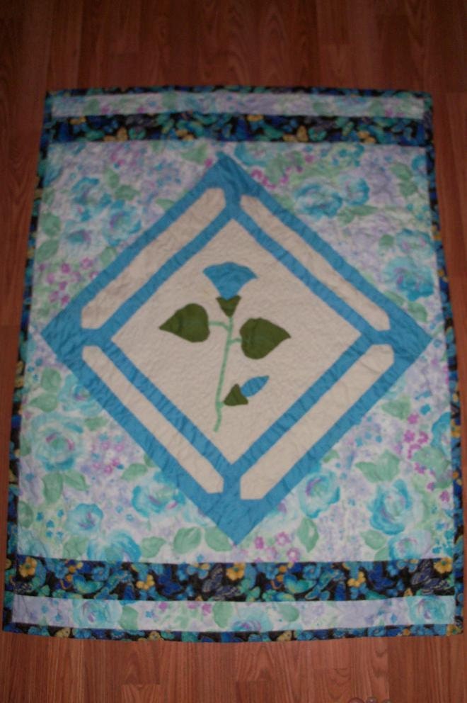 Quilt Aqua Appliqued Floral Block Wall Hanging
