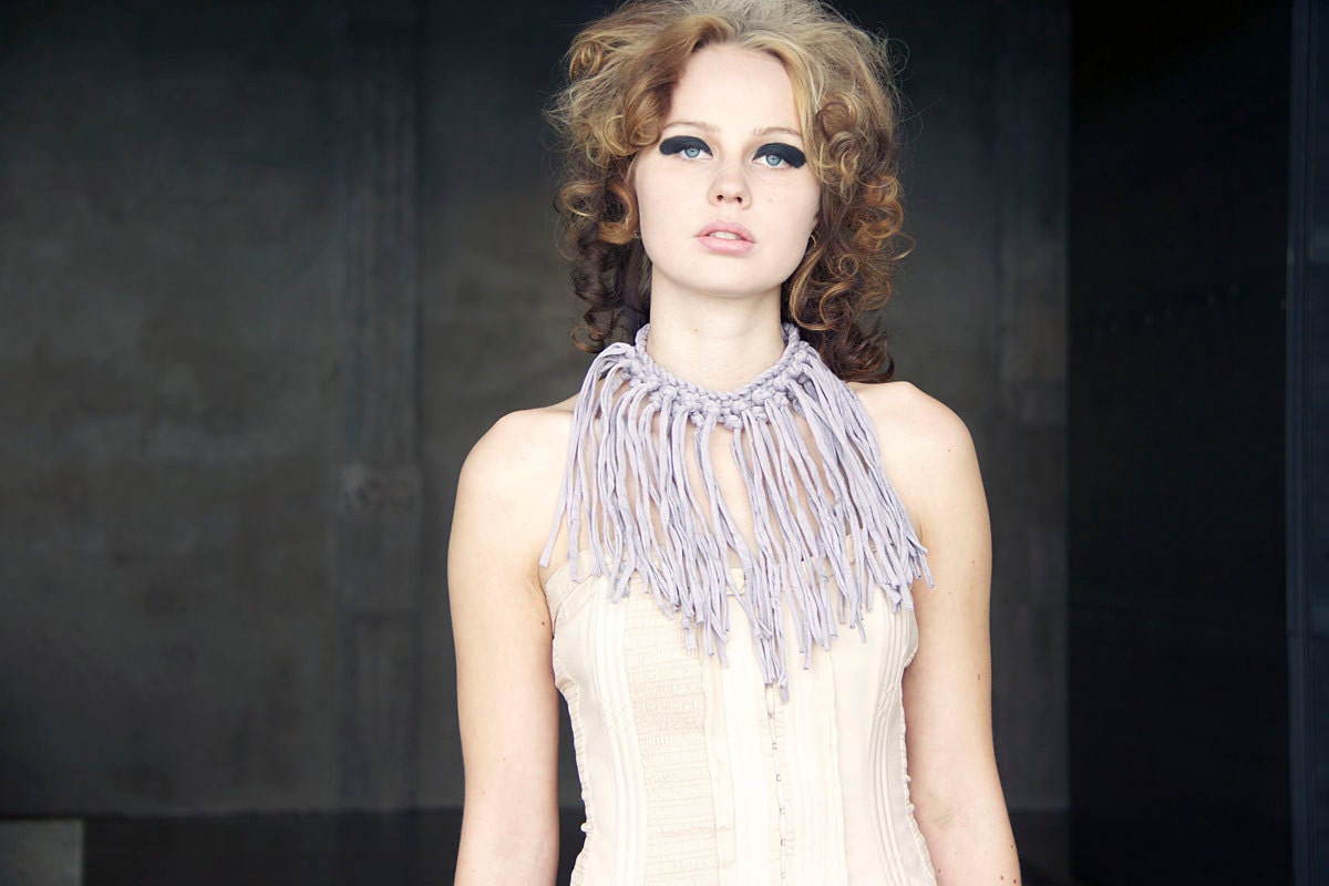 Ecofriendly muted lilac hand crocheted fringe choker
