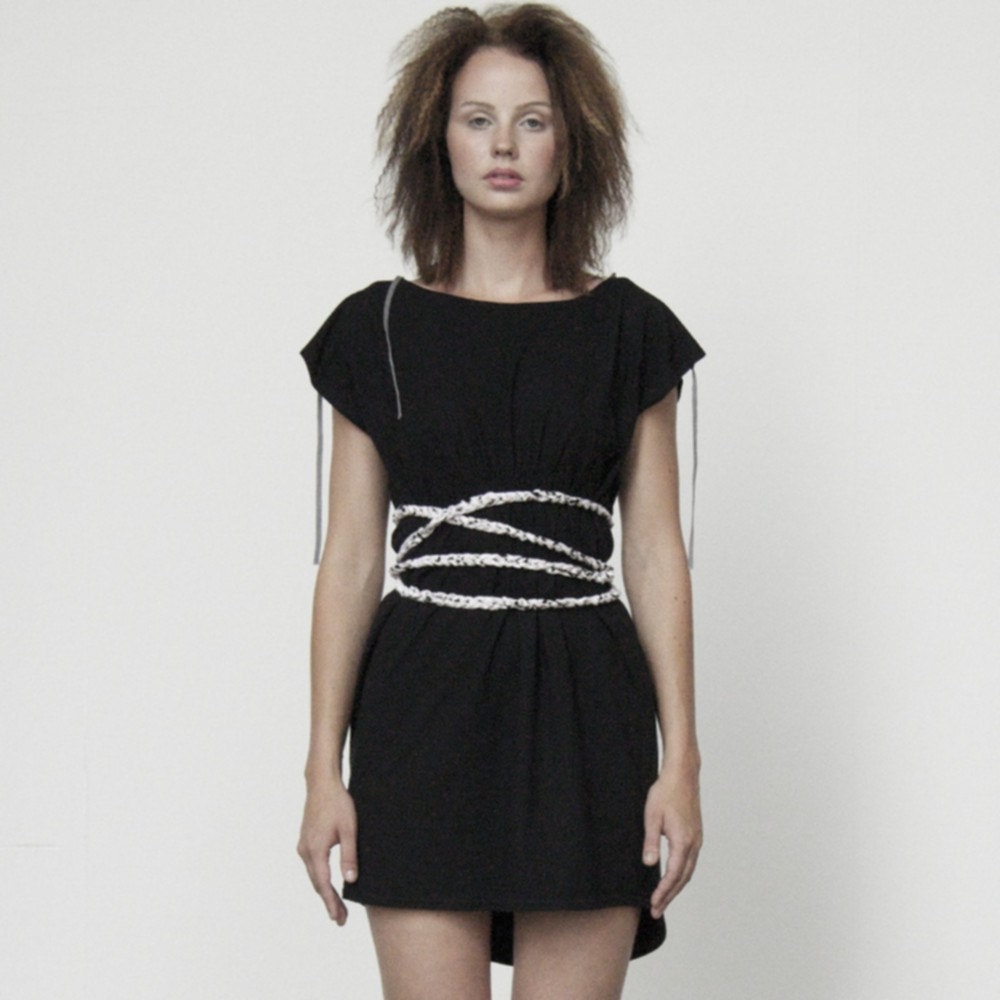 Black dress / tunic with convertible shoulders and long cable sash with fringes, made of eco cotton jersey -MADE TO ORDER