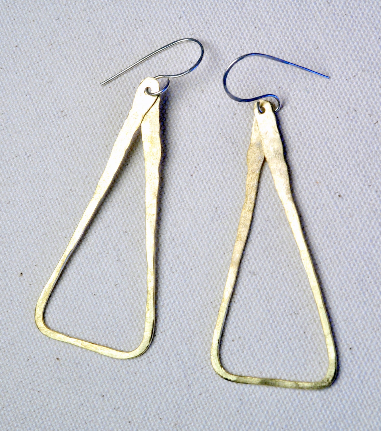 Elongated Triangle Hammered Brass with Sterling Silver Earwires