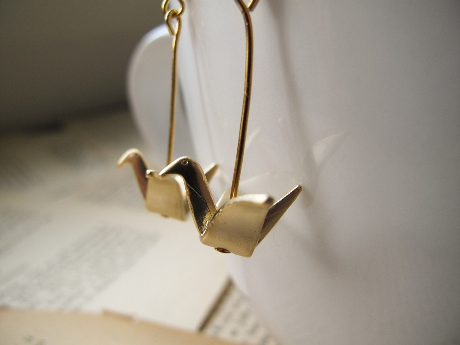 14k Gold Paper Crane Earrings - Long Length