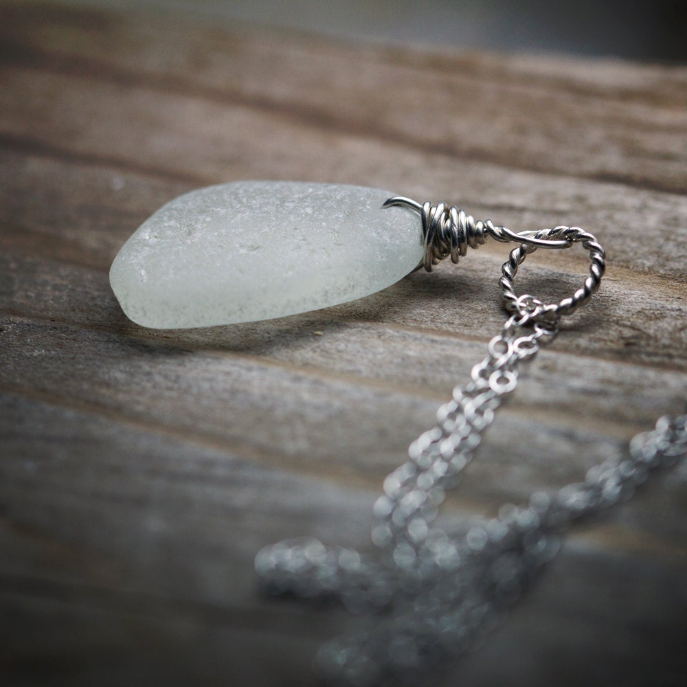 Frosty Seas White Pure Genuine Sea Glass Sterling Silver Necklace, Ocean Found