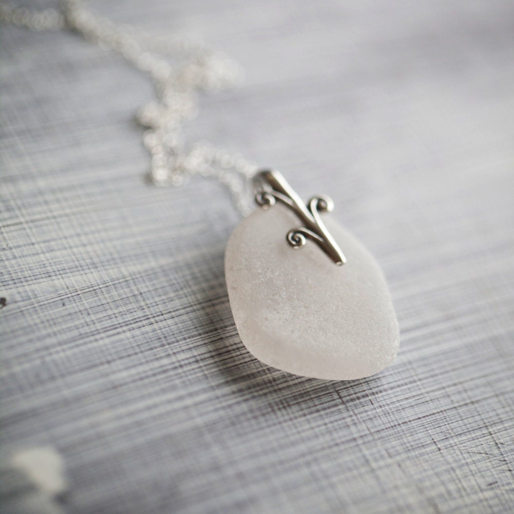 White Sea Glass Necklace Sterling Silver Mermaid Tear Large Swirl Bail